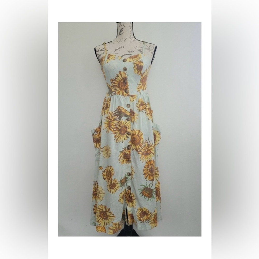 Urban Outfitters Cooperative Womens Size M Linen Blend Midi Dress Sunflowers